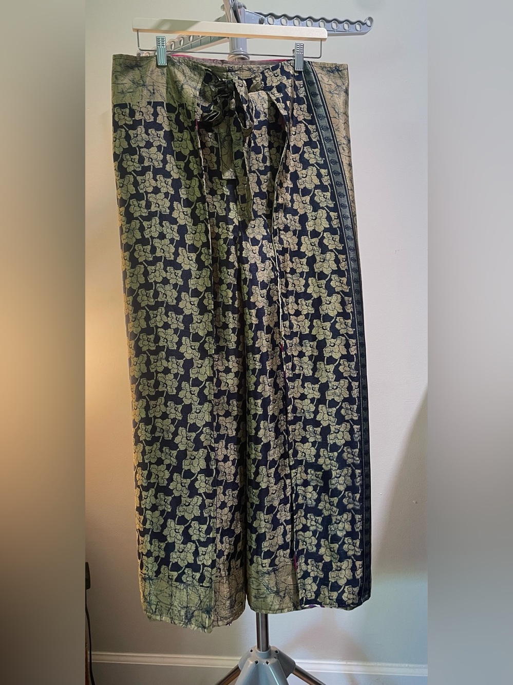 EARTHBOUND Trading Co. Black and Olive/Gold Floral Wrap Pants